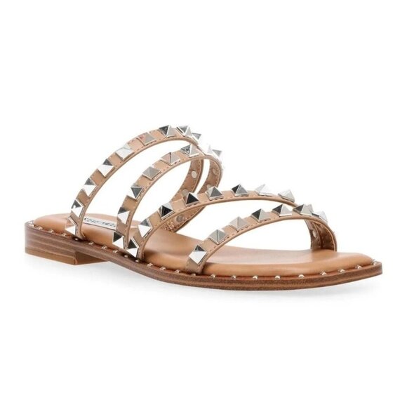 NWOT Sz 8.5 - Steve Madden Skyler Silver Stud 4-Strap Tan Slip-On Sandals - Picture 13 of 13